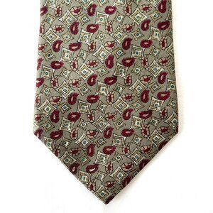 Hunting Horn Italian Classic 100% Silk Tie, Gray with Maroon Red, EC